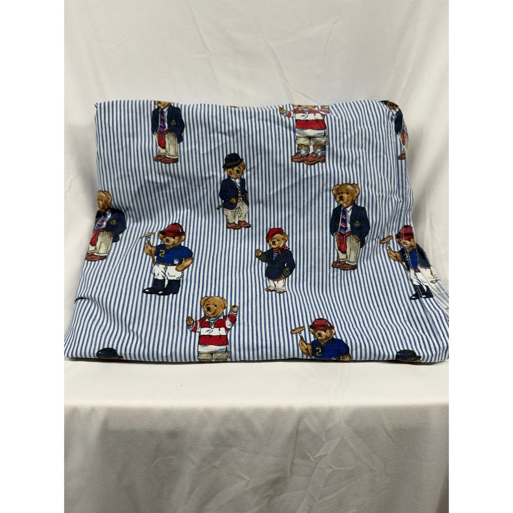 Vintage 90s Ralph Lauren Polo Bear Blue Stripe Cotton Fabric Twin Sheet USA Made